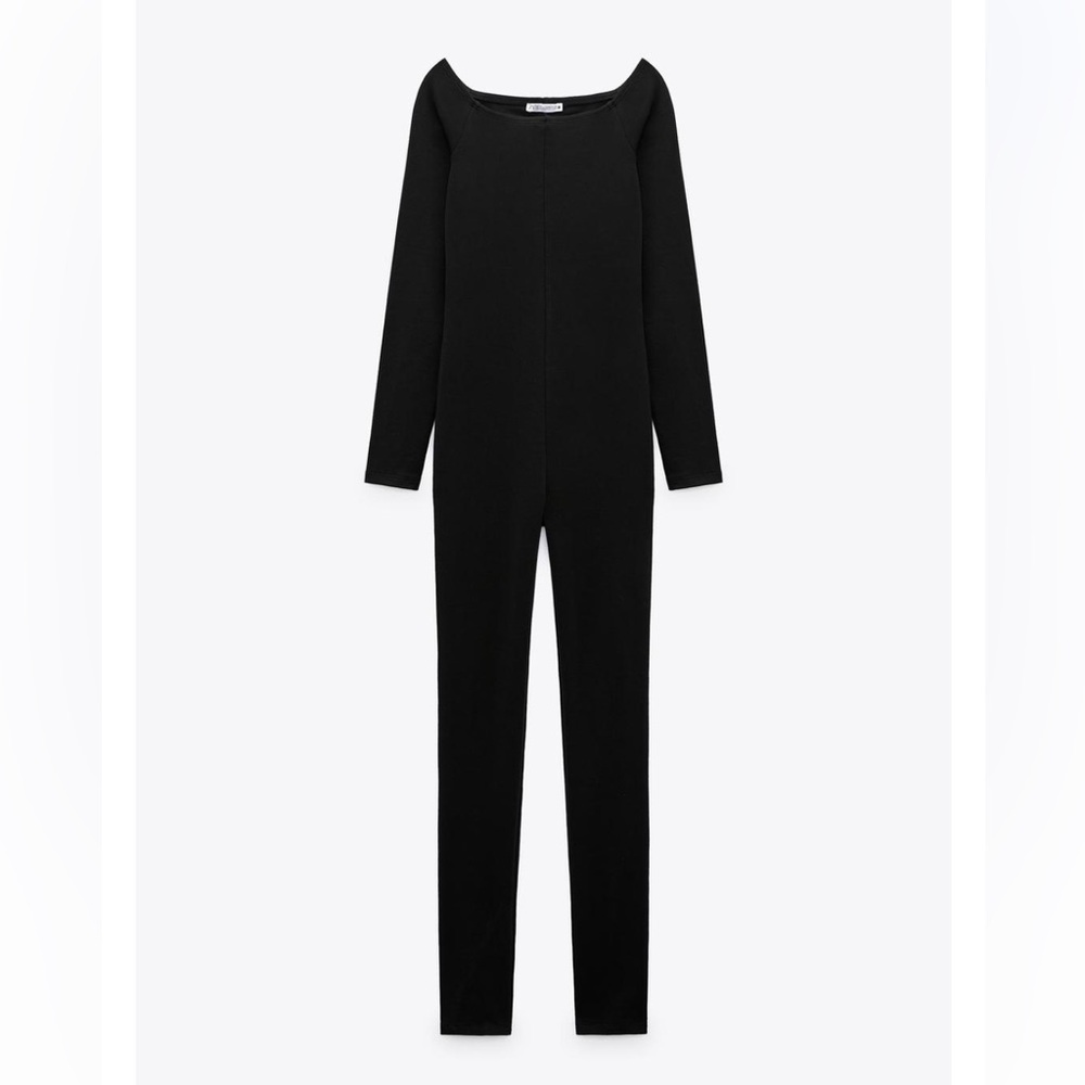 Zara Black Long-Sleeve Scoop-Neck Fitted Jumpsuit